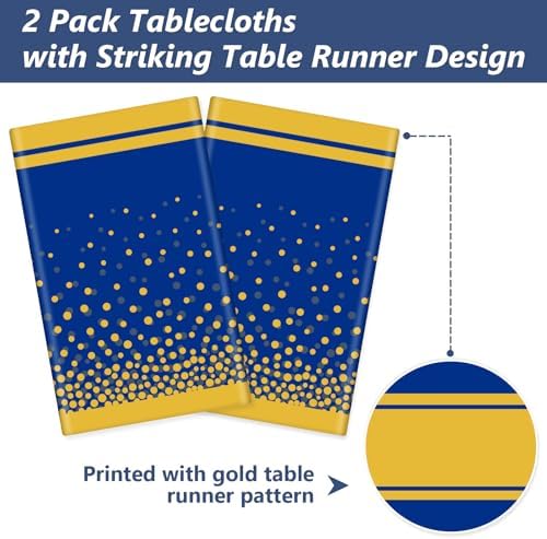 LANLISA Blue and Gold Tablecloth Graduation Decorations 2025 2 Pack, Disposable Plastic Table Cloths for Birthday Masquerade Retirement Party Decor - Image 4