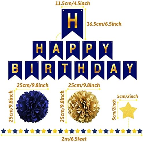 Navy Blue and Gold Happy Birthday Decorations with Banner, Paper Pompoms for Boys, Girls, Men, Women - Party Decorations Supplies - Image 3