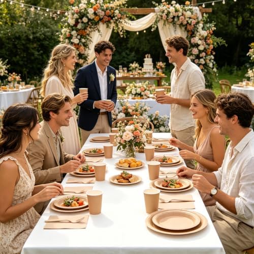 125Pcs Brown Plates and Napkins Party Supplies, 9’’& 7'' Disposable Khaki Paper Plates and Cups and Napkins Forks Set for Baby Shower, Wedding, Fall Birthday Party Decorations, Serves 25 - Image 4