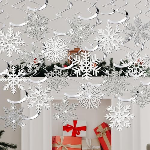 Snowflake Decorations, Christmas Hanging Decor, White Silver, 30-Pc - Image 2