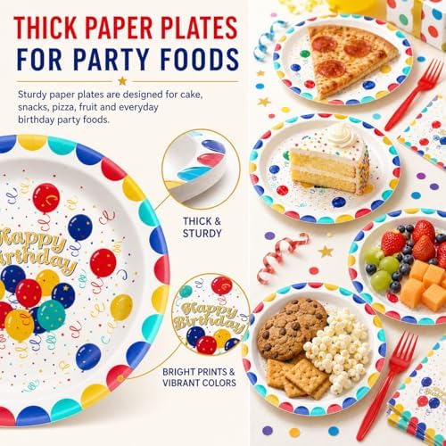 Birthday Party Supplies for 24 Guests – 96-Piece Disposable Party Tableware Set with Plates, Birthday Plates and Napkins, Forks, Colorful Balloons Party Supplies, Heavy Duty for Kids & Adults - Image 4