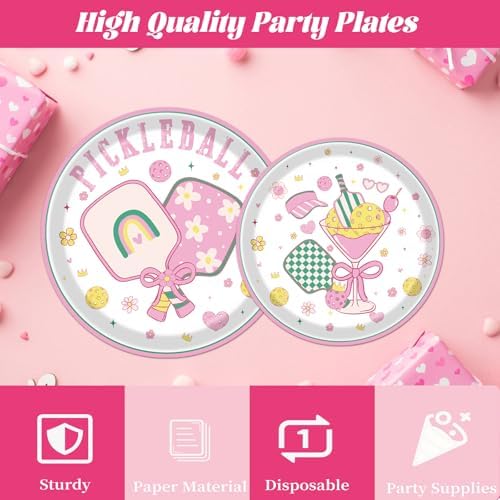 Pickleball Birthday Party Decorations Tableware, 96PCS Pickle Ball Disposable Pink Paper Plates and Napkins Decoration, Ball Theme Forks Decor Supplies Serve for 24 Guest - Image 4