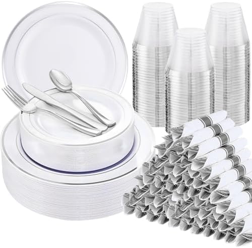 WELLIFE 700 Pcs Silver Plastic Plates for 100 Guests -Party Supplies Includes 200 Silver Plates,300 Plastic Silverware,100 Napkins,100 Cups for Party and Wedding by WELLIFE