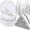 WELLIFE 700 Pcs Silver Plastic Plates for 100 Guests -Party Supplies Includes 200 Silver Plates,300 Plastic Silverware,100 Napkins,100 Cups for Party and Wedding by WELLIFE