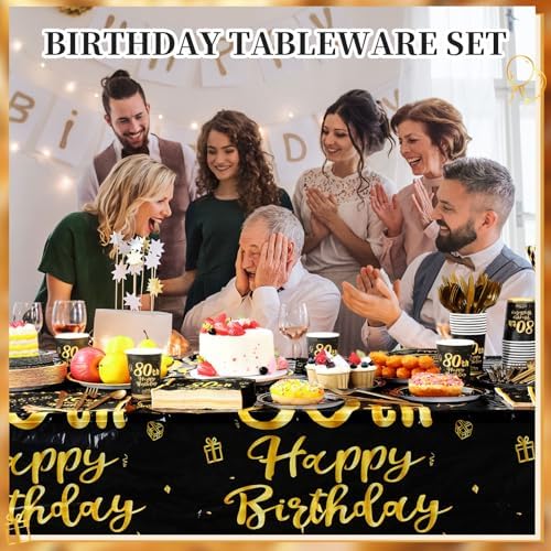 Funnymoom 452 Pcs 80th Birthday Party Decorations Set for Men Women, Black and Gold Happy 80th Birthday Paper Plates Napkins Cups Tablecloth Cutlery Straws Cheers to 80 Years Anniversary Party - Image 4