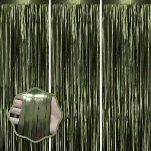 Voircoloria Dark Green Foil Fringe Backdrop Curtains, 3.3x8.2ft, 3 Pack by Voircoloria