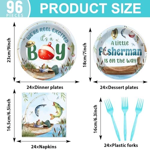 96Pcs A Little Fisherman Is On The Way Plates and Napkins Baby Shower Party Decorations Gone Fishing Dessert Disposable Plates It's A Boy Tableware Set for 24 Guests Baby Boy Birthday Party Supplies - Image 2