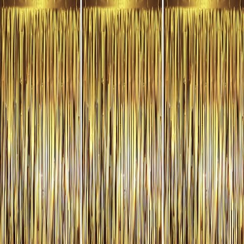 Voircoloria Dark Gold Foil Fringe Backdrop Curtains,3.3x8.2ft, 3 Pack by Voircoloria
