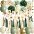 ANSOMO Sage Green Happy Birthday Party Decorations Retro Green Nude Ivory Dark Olive Kraft Paper Banner Balloons Neutral Rustic Boho Blush Safari Botanical Greenery Wild Décor Supplies Women Adults by ANSOMO