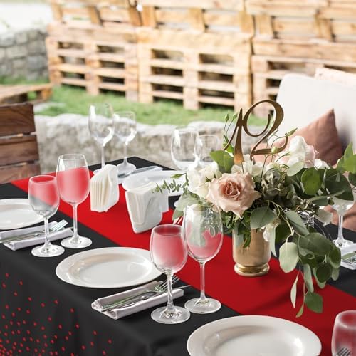 16Pack Disposable Plastic Party Tablecloths and Satin Table Runner Set Black and Red Dot Table Cloth Red Satin Table Runner for Wedding Birthday Baby Shower Anniversary Holiday Party Decorations - Image 6