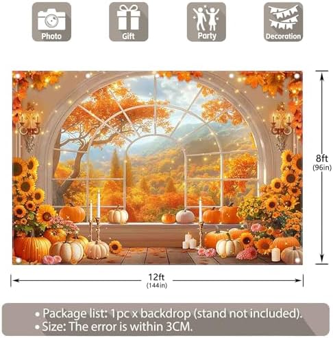 12x8ft Fabric Fall Window Pumpkin Sunflower Photography Backdrop - Image 3