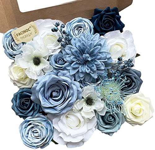 FACINOC Roses Artificial Flowers Blue Bouquet Box Set Fake Flower for DIY by FACINOC