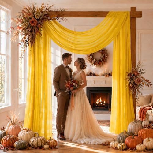 Gold Wedding Arch Draping Fabric Sheer Curtain Drapes | 31" x 20 ft Extra Long Shimmery Backdrop Curtains for Wedding Anniversary Party Summer Fall Outdoor Events Drapery Photo Backgrounds - Image 3