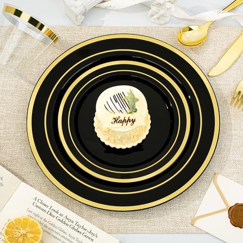 BESTVIP 600PCS Black Gold Dinnerware Set for 100 Guests, Plastic Plates - Image 2