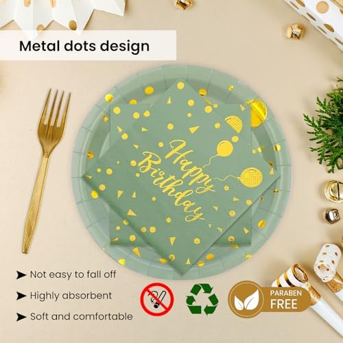 96PCS Happy Birthday Plates and Napkins Party Supplies, Sage Green and Gold Disposable Paper Plates and Napkins with Forks Tableware Set for Birthday Party Decorations 24 Guests (Birthday Sage Green) - Image 4