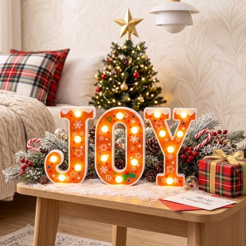 Christmas Gingerbread Joy Sign Light up Decor, 3 Pcs LED Christmas Letter Warm Lights, Battery Operated Holiday Tabletop Decoration for Mantel Fireplace Home Xmas Party Gift - Image 3