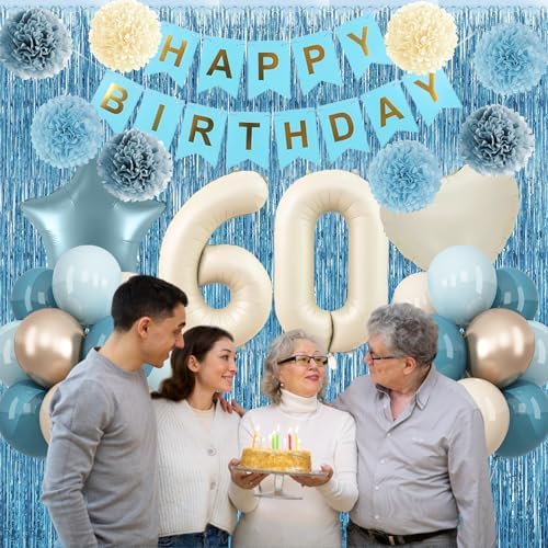 Dusty Blue 60th Birthday Party Decorations Men Beige Number 60 Balloon - Image 3