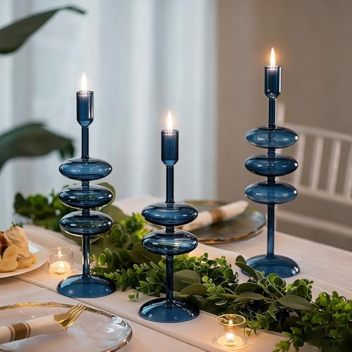 LemonRoad Glass Taper Candlestick Holder Set of 3, Table Decor, Deep Blue - Image 4