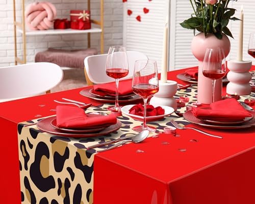 Buryeah 3 Pcs 54 x 108'' Plastic Disposable Leopard Tablecloth, Red - Image 5