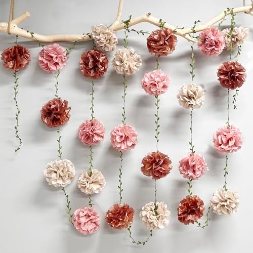 Dusty Pink Party Decorations Rose Gold Dusty Pink Beige Tissue Paper Flowers Pom Pom with Leaf Ribbon Hanging Garland Streamer for Birthday Wedding Shower Bridal Shower Engagement Party Supplies - Image 5