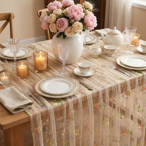 Beige White Floral Gauze Table Runner 10ft Embroidery Tulle Spring Decor - Image 2
