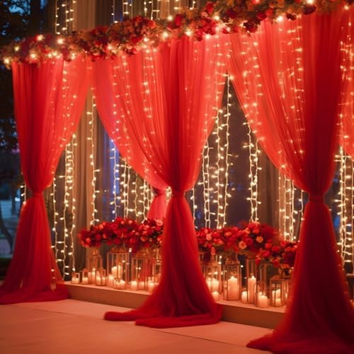 10ft x 10ft Red Backdrop Curtain with Lights String for Parties, Sheer Tulle Wedding Photo Backdrops Drapes for Baby Shower Birthday Party Decorations Background for Photography - Image 4