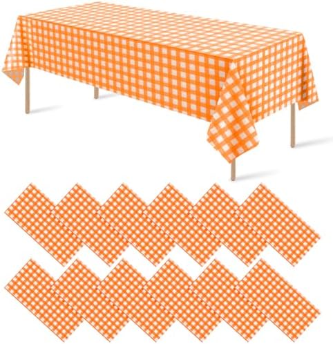 12 Pack Orange Plastic Checkered Tablecloth, Premium Decorative Disposable Orange Gingham Plaid Table Cloths for Parties, Rectangle Party Table Cover for Fall Thanksgiving Picnic Birthday, 54x108 Inch by RAGNHILD