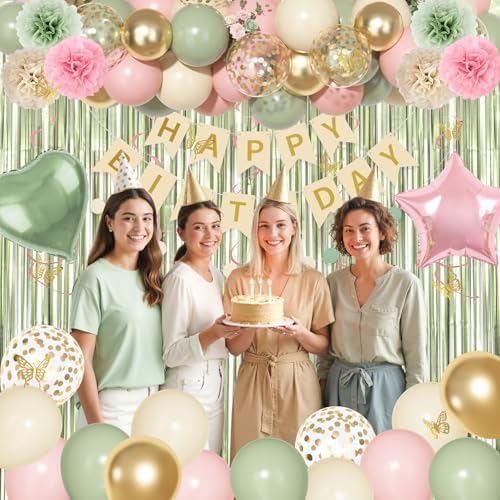 Pink and Green Birthday Decorations Women Girls Happy Birthday Supplies - Image 6
