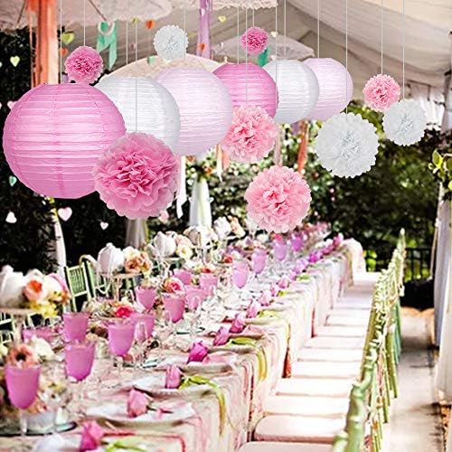 Paper Lanterns and Paper Pom Poms Pink Party Decorations 15pcs - Image 5