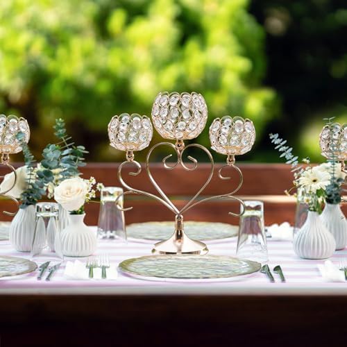 6 Pcs Gold 3-Arm Heart Tea Light Candle Holder - Crystal & Metal Wedding Centerpiece Decor, Sparkling Table Decor for Anniversaries/Romantic Tabletop Home/Dinner Party/Events - Image 7
