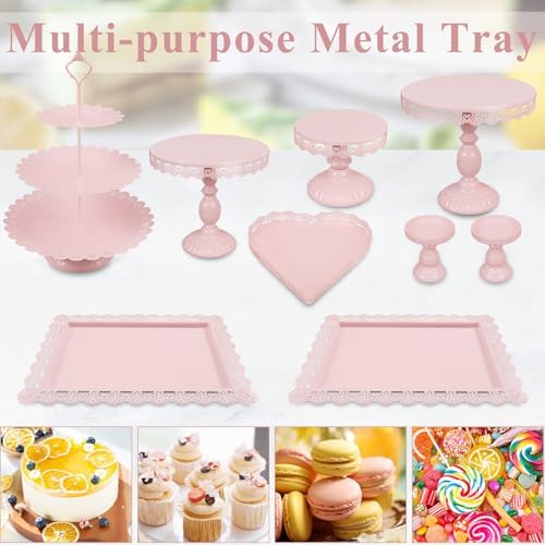 Set of 9 Cake Stands Metal Cupcake Stand Set Multiple Styles Candy Fruit Display Tower Dessert Plate Cake Serving Tray for Birthday Party Wedding Anniversary Baby Shower Engagement (Pink) - Image 6