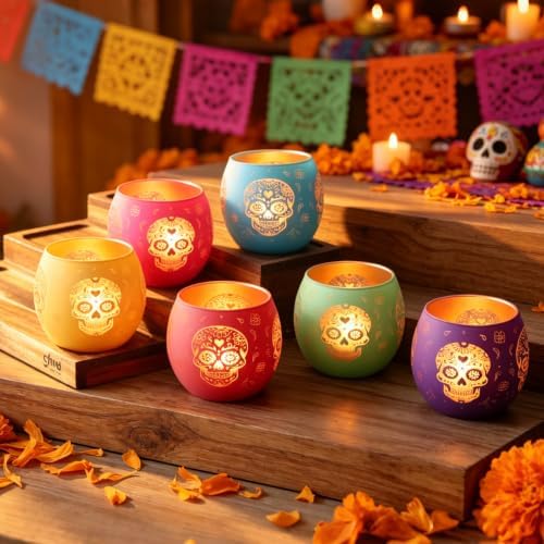 Day of Dead Skull Glass Votive Candle Holders for Indoor Halloween Decor - Image 2
