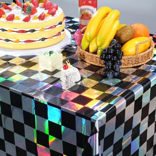 3Pack Black and Iridescent Checkered Plastic Tablecloth, Shiny Disposable Laser Rectangle Table Covers, Holographic Foil Tablecloth Iridescent Party Decorations for Picnic Camping Race Car, 54x108Inch - Image 5