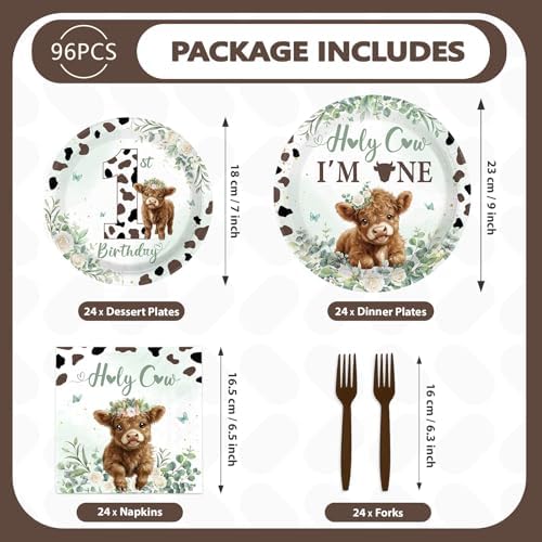 96Pcs Sage Green Highland Cow 1st Birthday Party Supplies Serves 24 - Image 3