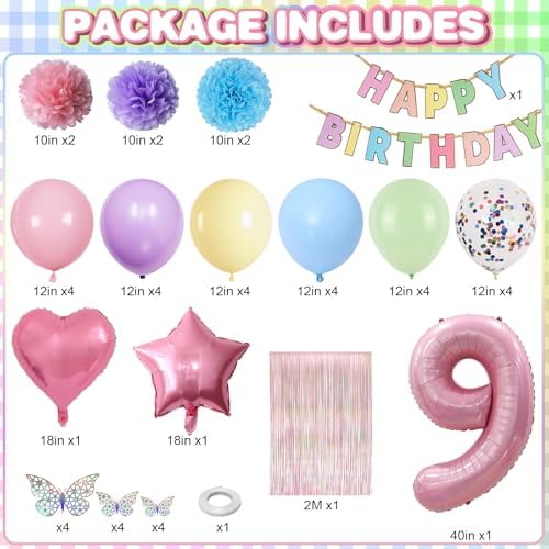 Pastel 9th Birthday Colorful Party Decorations Girls Pink Number 9 Balloon - Image 2