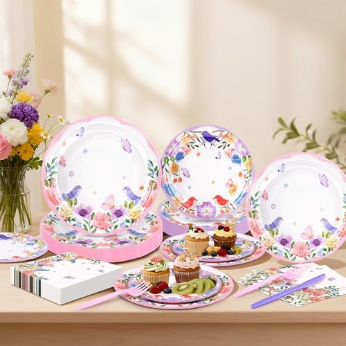 120PCS Wildflower Birthday Party Supplies, Pink Purple Floral Plates Set - Image 5