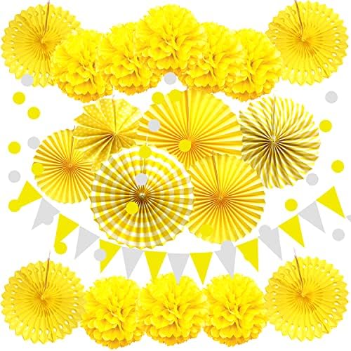 ZERODECO Party Decoration, 21 Pcs Yellow Hanging Paper Fans Pom Poms Flowers, Garlands String Polka Dot and Triangle Bunting Flags for Minnie Mouse Birthday Parties Baby Showers Wedding by ZERODECO