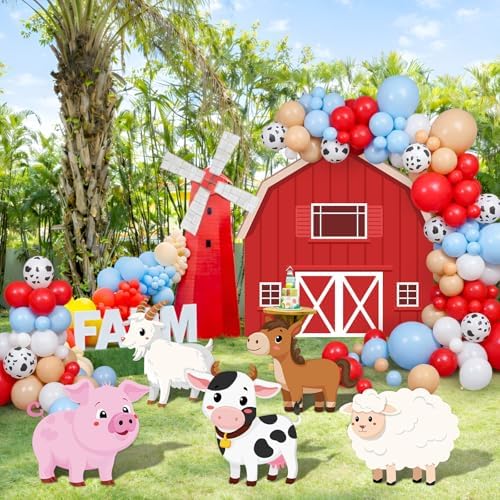 114 Pcs Farm Animal Theme Party Decorations Set Farm Barn Backdrop Large Animal Cardboard Cutout Yard Sign Cow Balloon Garland Arch Kit Photo Prop for Farmhouse Birthday Party Supply - Image 5