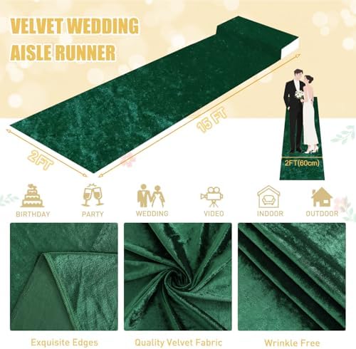 Aisle Runners for Weddings Emerald Green Wedding Aisle Runner 2FTx15FT Luxury Velvet Fabric Carpet Runway Green Aisle Runner for Party Bridal Runner Rug for Ceremony Birthday Event Wedding Decorations - Image 2