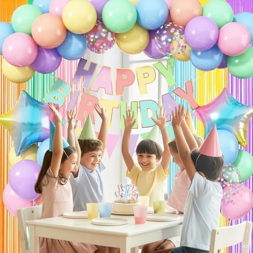 Jobkoo Pastel Birthday Decorations for Girls, Macaron Rainbow Pastel Color Balloons Reusable Happy Birthday Banner Sign Fringe Curtain Backdrop Cake Toppers for Kid Spring Baby Shower Party Decoration - Image 3