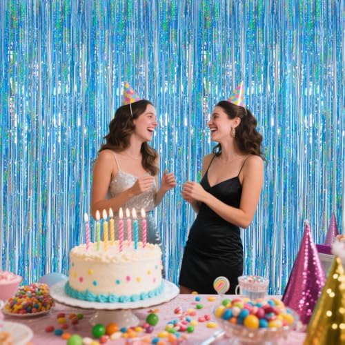 Light Blue Metallic Streamer Backdrop with Glitter Tinsel,3.28 x 6.56ft Foil Fringe Curtains for Gender Reveal & Ocean Theme Wall Hanging Party Supplies, Birthday/Wedding/Photoshoot - Image 6