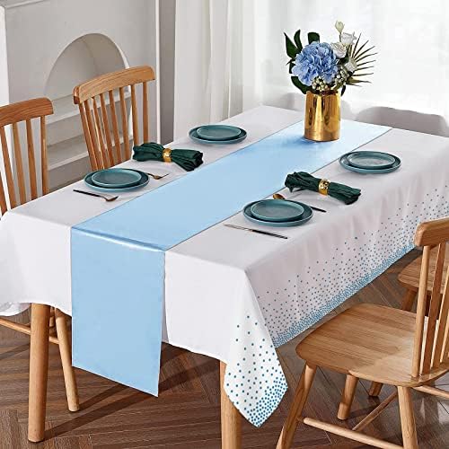 16Pack Disposable Plastic Tablecloths and Satin Table Runner Set White and Light Blue Dot Tablecloth Blue Satin Table Runner for Wedding Birthday Baby Shower Anniversary Engagement Xmas Party Supplies - Image 4