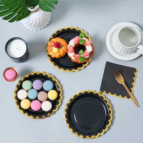 black & gold scalloped party plates with napkins and fork gold foil border, 24 Guest Black disposable Tableware Set Party Decoration for Birthday Coquette Bridal Baby Shower Valentines - Image 3