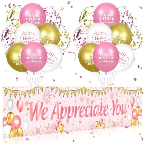 We Appreciate You Decorations Pink Gold Appreciate You Banner Yard Sign with 18 Pcs Balloons Thank You for All You Do Banner Employee Staff Appreciation Gifts Teacher Doctor Appreciation Party Decor by Unknown