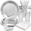Silver Plates Party Supplies Disposable Dinnerware Set,168pcs Silver Paper Plates and Napkins for Graduation Holiday Disco Birthday Party Decorations Serves 24 by Gudvilla