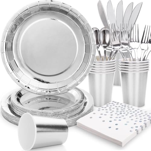 Silver Plates Party Supplies Disposable Dinnerware Set,168pcs Silver Paper Plates and Napkins for Graduation Holiday Disco Birthday Party Decorations Serves 24 by Gudvilla