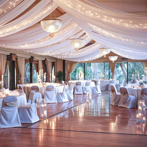 White Ceiling Drapes with Lights String for Weddings, 6 Panels 5ftx30ft Sheer Tulle Backdrop Photo Background Drapes for Wedding Ceremony Birthday Party Arch Decoration - Image 5