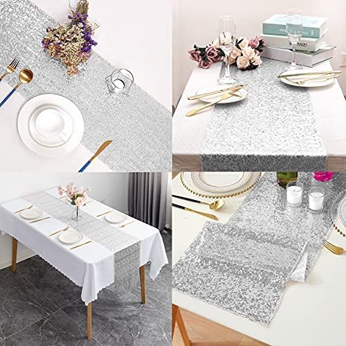 12 Packs 12 X 108 Inch Silver Sequin Table Runner Glitter Dining Table Runner for Birthday Wedding Engagement Bridal Baby Shower Bachelorette Holiday Celebration Party Supplies Decorations (Silver) - Image 5