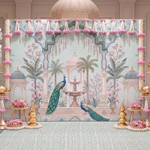 Gilprop 9 x 6 ft Indian Peacock Backdrop Traditional Mughal Garden Backdrop Decor Indian Pooja Peacock Props Banner for Festival Ganesh Chaturthi Mehndi Wedding Seemantham Pooja Decoration - Image 6