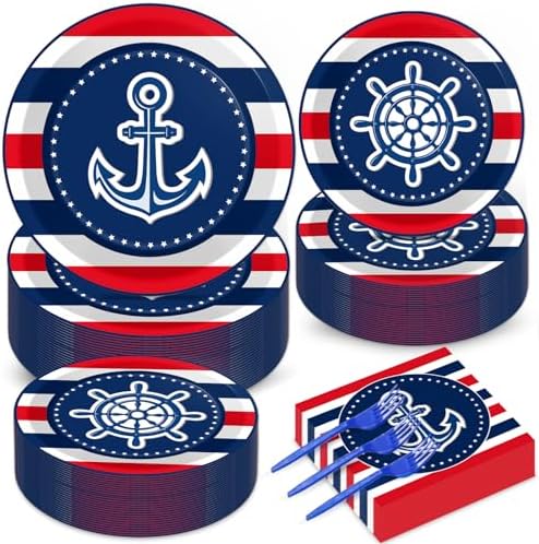 gisgfim 50 Guests Nautical Anchor Party Supplies Anchor Theme Plates and Napkins Plastic Forks Sailor Boat Ship Tableware Nautical Paper Plates for Baby Shower Birthday Party Boys Girls Kids 200PCS by gisgfim